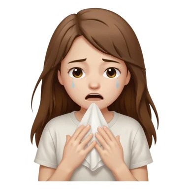a pretty bratz fair girl crying in a loose oversized off white tshirt  with long brown hair with a tissue box sticker