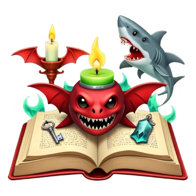 Icon for Horror & Mystery Reading: an open book with eerie glowing symbols, from which rise Dracula with fangs, flying bats, a zombie hand, and a lurking shark with sharp teeth. Surrounding elements include a flickering candle and an old key. Transparent background. sticker