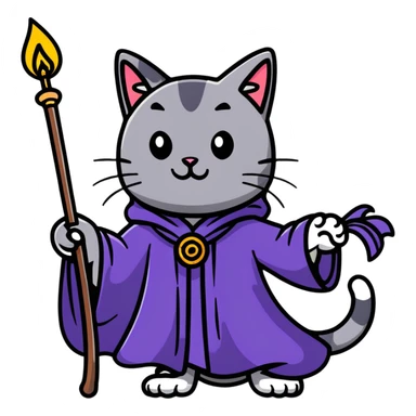 A cat wizard casting a spell with magical staff and flowing robes sticker