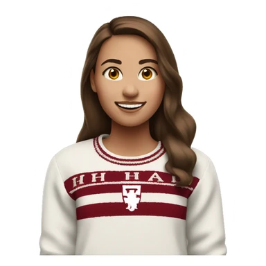 Girl with brown hair and white skin wearing a crimson and white sweater with the black crimson and white Harvard University logo on it  sticker