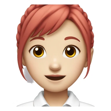 Pale Korean girl with red hair and bangs smiling with pink lips and white collared short sleeve shirt sticker