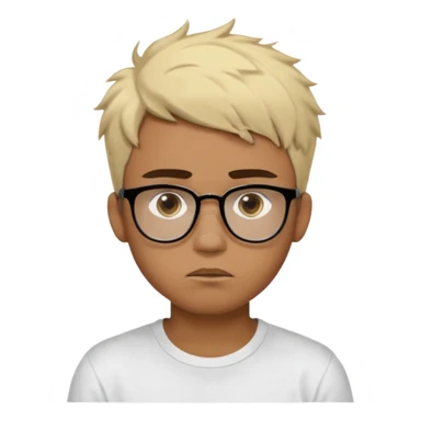 Teenager. Short buzz, messy blonde hair. Dark brown bushy eyebrows large expressive golden-brown eyes, brown skin color, scar over nose, wearing a plain white t-shirt. wearing clear thick black glasses. 20 year old male. thinking facial expression. brown skin color.  sticker