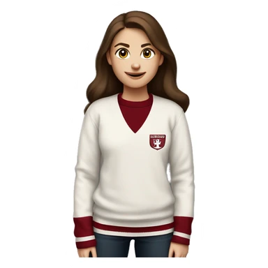 Girl with brown hair and white skin wearing a crimson and white sweater with the black crimson and white Harvard University logo on it  sticker