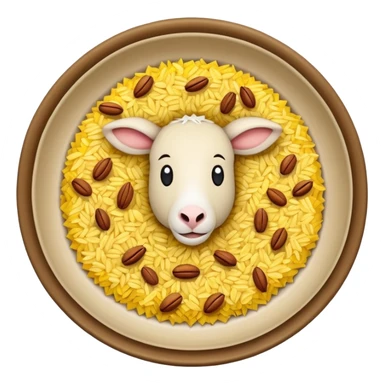 "Emoji of a Jordanian Mansaf dish — round platter with golden rice, lamb pieces, nuts on top, simple cute cartoon style, clean lines, white or transparent background." sticker