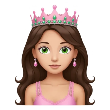 super long haired brunette with middle part cute pink lacy tank with a pink tiara on head, white but tan green eyes  sticker