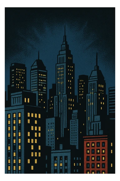 a city skyline at night, old school comic book style sticker