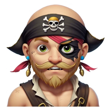 Clash of Clans aesthetic Comical Pirate Portrait Emoji, Head tilted dramatically with an exaggerated, fun expression and wide, comically expressive eyes behind a quirky eye patch, featuring a rugged yet cartoonish build with a playful bandana and natural skin tone, Simplified yet hilariously expressive features, highly detailed, glowing with a slightly sassy oceanic glow, high shine, dramatic yet playful, stylized with an air of cheeky maritime mischief, soft glowing outline, capturing the essence of a meme-worthy pirate who brings humor to epic quests! sticker