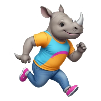 friendly anthropomorphised rhino in jeans and colourful t-shirt, wearing dark sunglasses, jogging upright, jumping with excitement, standard pose sticker
