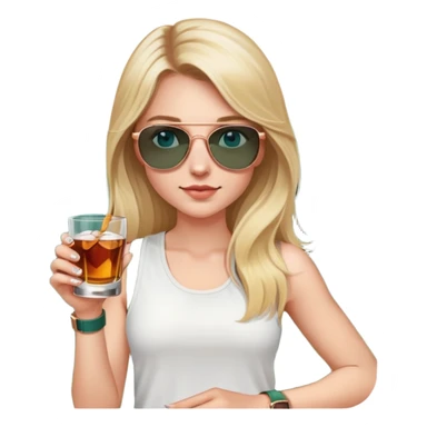 girl with long blond hair
with blue eyes
and aviator sunglasses
wearing white tank top 
holding a glass of whiskey 
wearing rose gold apple watch with forest green band  sticker