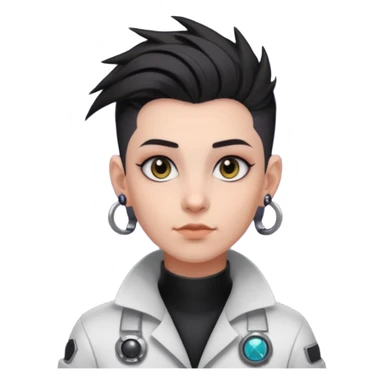 nonbinary space scientist with dark hawk hair and shaved sides, black bridge piercing and ear tunnels sticker