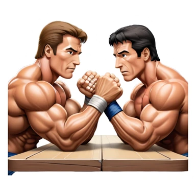 Arnold Schwarzenegger VS Sylvester Stallone from 'Over the Top,' locked in an arm wrestling battle, using only their right hands. Their left hands rest on the table. Both display immense strength, with muscular arms flexing, under bright competition lights. Transparent background. sticker