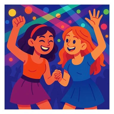 two girls dancing together at a party, festive mood, colorful lights, joyful, celebration sticker