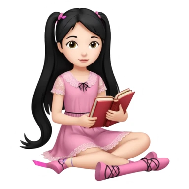 A beautiful girl, wearing a pink lace dress, her long straight black hair is tied in two ponytails, she holds books and crayons in her hands, her feet are bare, sitting on the floor with her legs crossed. sticker
