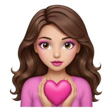 girl with long wavy brown hair, brown eyes, long lashes makeup, sexy pink lips, light to medium complexion, wearing a pink sexy top, holding a big heart sticker