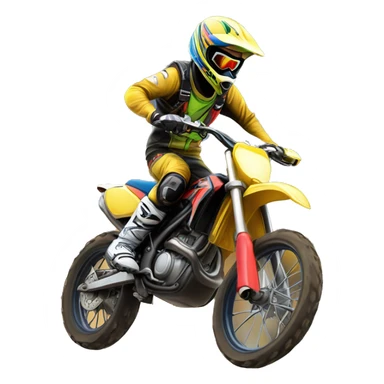 "Create a detailed emoji-style illustration of a motocross bike doing a wheelie with a rider on top. The rider should wear a helmet and protective gear, with vibrant and dynamic colors. sticker