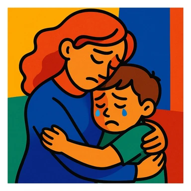 mother hugging sad child, bright colors, emotional sticker