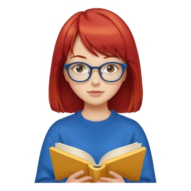 a girl with red hair and bangs with glasses wearing blue sweater reading a yellow cover book sticker