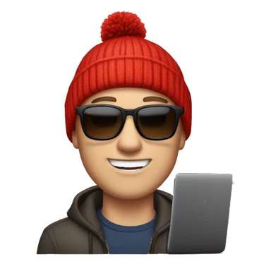 white man with short brown hair in his 20s with sunglasses and a red beanie with a pom-pom, has AirPods in and is on a Mac laptop sticker