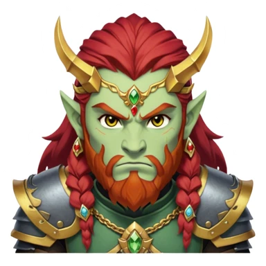 Ganondorf, Legend of Zelda, pale green skin, golden irises, black pupils, long layered red hair, short thick red beard, no mustache, thick red eyebrows connecting to hair, scowling, angry, stoic, dark armor, demon armor, large ornate forehead jewelry, topaz jewel on forehead sticker