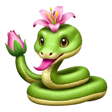 A cute, kind, furry snake doll
with a light green and white body
with a pink lily flower on its head
(no stinger in its mouth) sticker