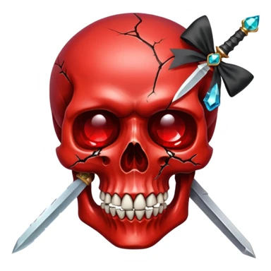 make me a red crystal skull partly see thew super gem like make it realistic and held together by a black bow and a small dager to the eye with cracks coming from it  sticker