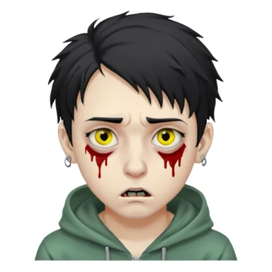 zombie emoji in WhatsApp style, young man, pale green skin, large yellowish eyes, dark circles, black messy hair, blood tears, silver eyebrow piercing, nose ring, hoodie, realistic, sharp facial features, slightly scared, creepy look sticker