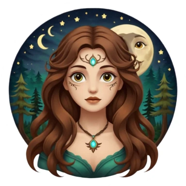 forest mystic woman long wavy brown hair tattoos half-lidded eyes moon glow sticker
