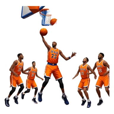 An icon showing a basketball court with players in action, inspired by NBA 2K25. A player jumps for a dunk, the ball mid-air, surrounded by a vibrant basketball arena with cheering fans and bright lights. Transparent background emphasizes the intense atmosphere sticker