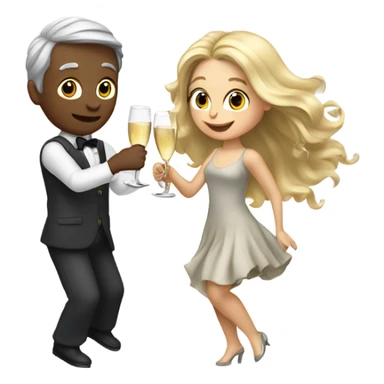 a boy with gray hair and a girl with long blond wavy hair dancing with a glass of champagne sticker