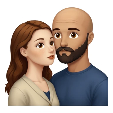 Couple. Bald man with dark brown-black beard. White woman with many small, faded freckles, she has white skin and she has auburn-brown-cinnamon, dark long hair. She has light brown eyes. The man have hazel eyes. She have light eyes. Retro style. She kisses him. Dark akademia. sticker