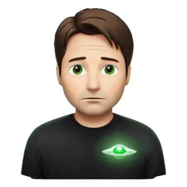 Mulder from the x-files looking very very worried (not trusting anyone today) while wearing a dark t-shirt with no markings. A green beam of light from a UFO illuminates him sticker