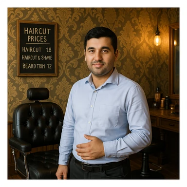 Draw me a picture of a barbershop that looks like this guy working in a barbershop. The barbershop doesn't have to be very modern. It should be on a medium floor. Also draw a blackboard on the wall. It should have the prices for haircuts there. sticker