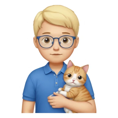 emoji ios, soft boy carrying a cat, light yellow skin, blue polo shirt, bespectacled, cute and a little plump, with slightly chubby cheeks. sticker
