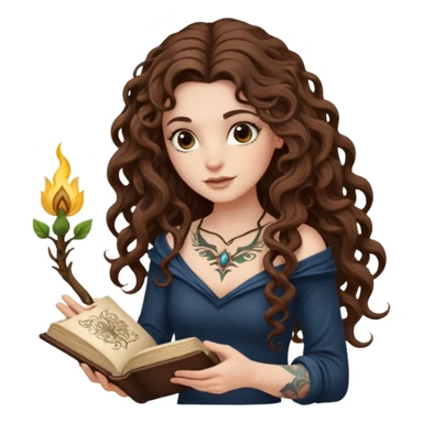 woman with long curly brown hair, brown eyes, white skin, tattoos, reading a spellbook that grows roots instead of pages sticker
