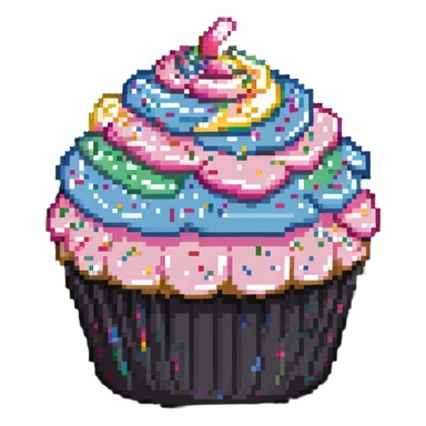 large cupcake with pink frosting and rainbow sprinkles in pixel art style sticker