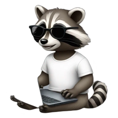 racoon wearing glasses and white tee working on a black laptop sticker