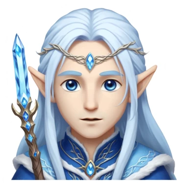 Legendary fantasy Christmas elf portrait icon, Santa Claus and Snow Maiden inspired, ancient winter spirit style, long flowing white-blue hair, glowing frost eyes, crystal staff, elegant elven features, divine winter magic aura, icy silver color palette, highly detailed but clean emoji icon male sticker