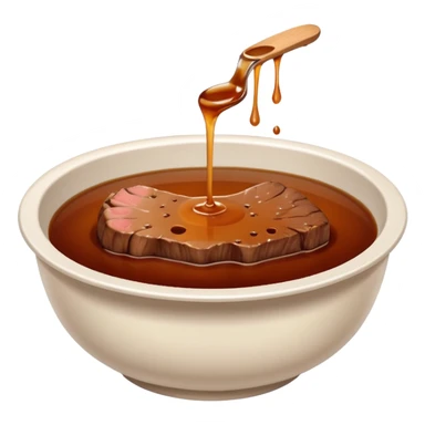 beef stock in a white bowl, clear brown liquid, no herbs or bones, emoji style sticker
