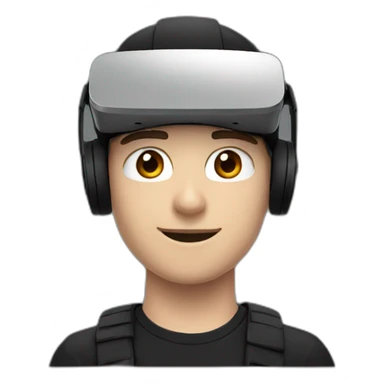 A white 19 year old guy, in a beanie, wearing a VR headset, in a black outfit with dark red accents sticker