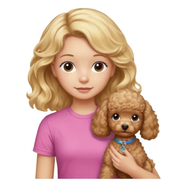 hazme un emoji que sea una niña rubi con el pelo ondulado i una camiseta rosa que ponga brownie, i acariciando a un perro (caniche toy) si pero con el pelo mas largo i no tan rubia sticker