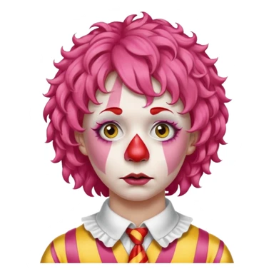 Pink curly wig.

White face paint with red nose and makeup.

Wearing a red-and-yellow striped costume with a white collar.

Wide-eyed, sad expression. sticker