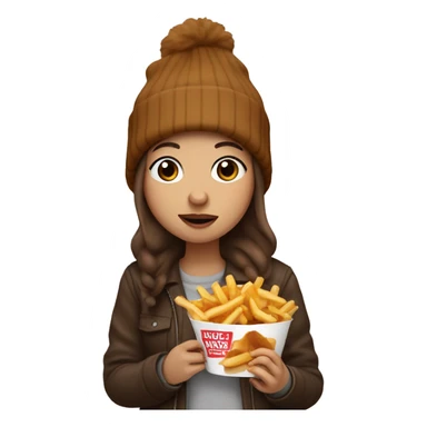 Girl with brown hair and a beanie on eating a poutine sticker