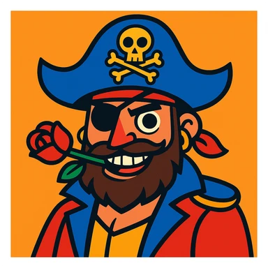 bold and colorful pirate character with left eye patch and rose between teeth sticker