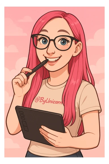девушка с референса в рисованном милом стиле, у девушки розовые длинные прямые волосы, большие выразительные голубые глаза, черные очки для зрения формы кошачий глаз, нос чуть с горбинкой, девушка улыбается а в зубах прикусывает перо от графического планшета, которое она держит в руке, а в другой руке держит сам планшет 
одета девушка в светло-бежевую облегающую футболку с вышивкой розовым цветом @ByUnicorn, фон градиентный розовый, можно добавить пушистые облака sticker
