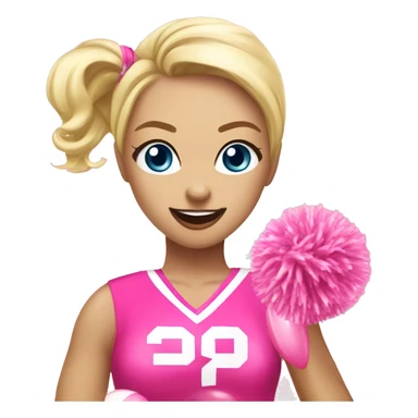 blonde cheerleader wearing pink uniform holding pink pompoms blowing pink bubble of gum sticker