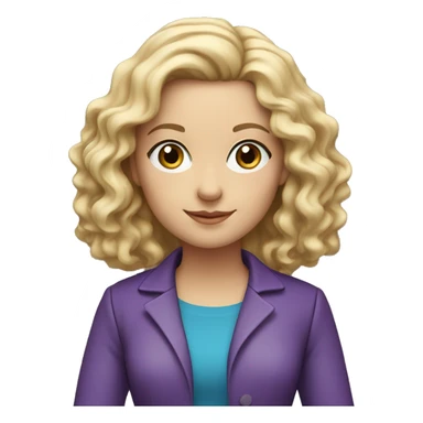 Woman teacher, blonde long curly hair,  blue eyes, purple jacket, with book sticker