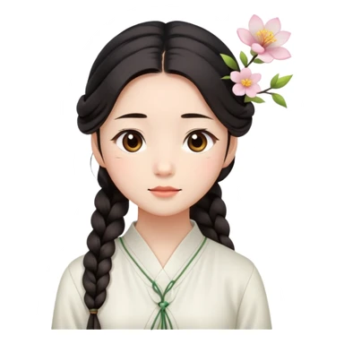  A Chinese girl with a long braid, a brown hairpin shaped , and a white blouse, breathing in the spring air. sticker