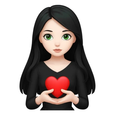 Pale girl with long black hair and dark green eyes wearing black dress and holding black heart sticker