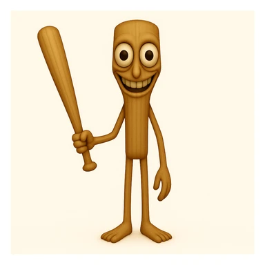 Make the stump character much skinnier and longer, with a face that is even creepier—large, wide, staring eyes and an exaggerated unsettling smile, closely matching the new reference image. Keep arms and legs, holding a baseball bat. Render in emoji style. sticker