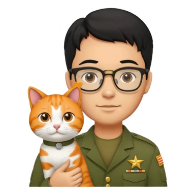 Veterinario hombre trigueño con lentes, con cabello negro, y con uniforme veterinario color verde militar cargando un gato naranja sticker